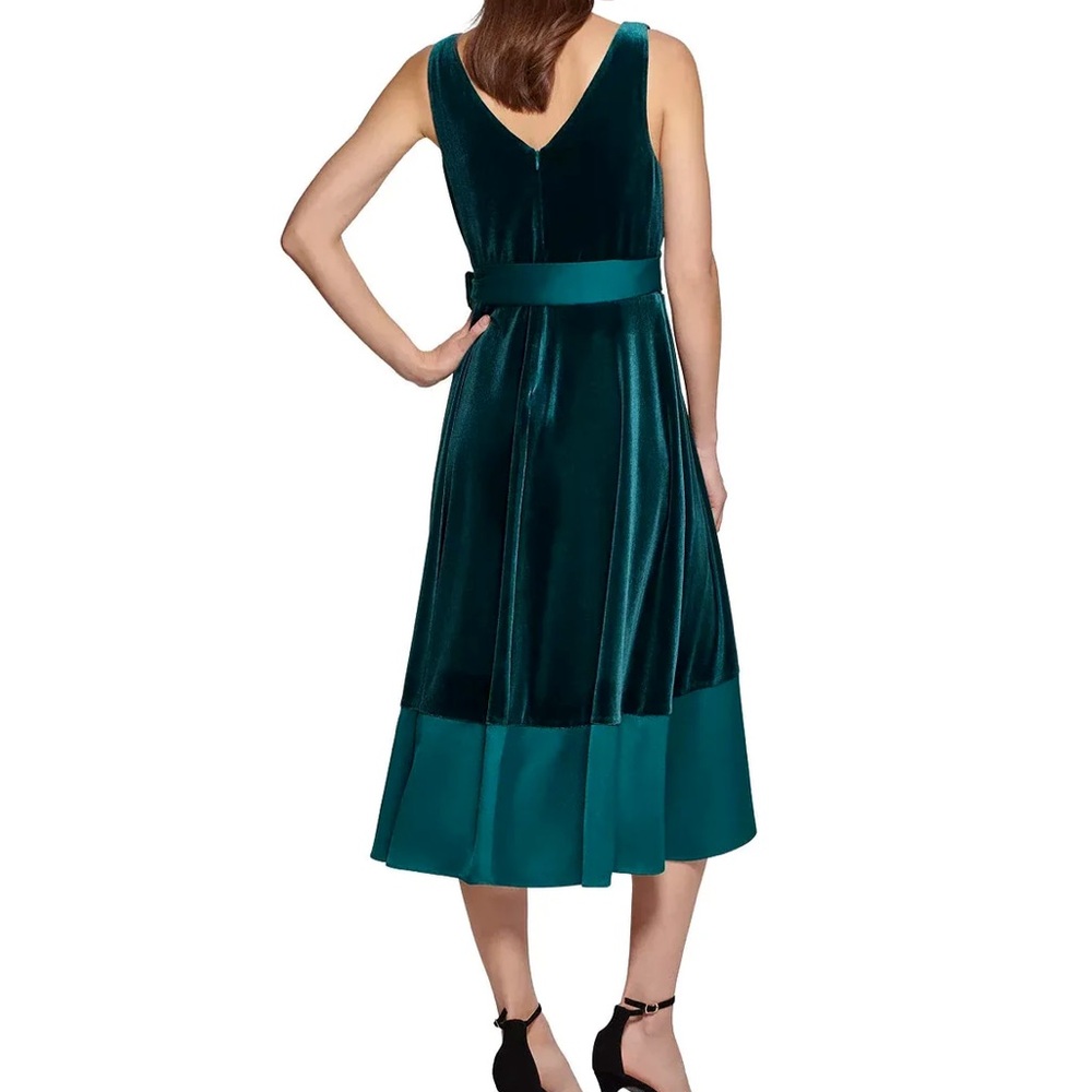 DKNY Deep Turquoise Velvet Faux Wrap Tie Dress - Picture 2 of 5